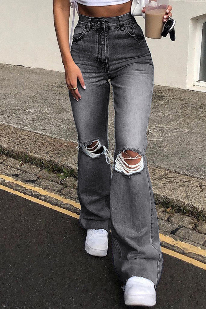 Ripped High Waist Straight Jeans(3 Colors)