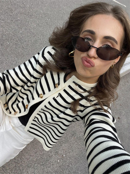 Tossy Striped Knit Sweater Cardigan Coat Female Loose Long Sleeve Slim Patchwork Contrast Outwear Summer Knitwear Coat