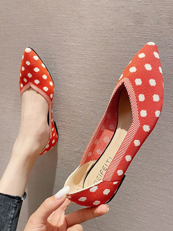 Contrast Color Pointed-toe Polka-dot V-cut Low Heels Flat Shoes