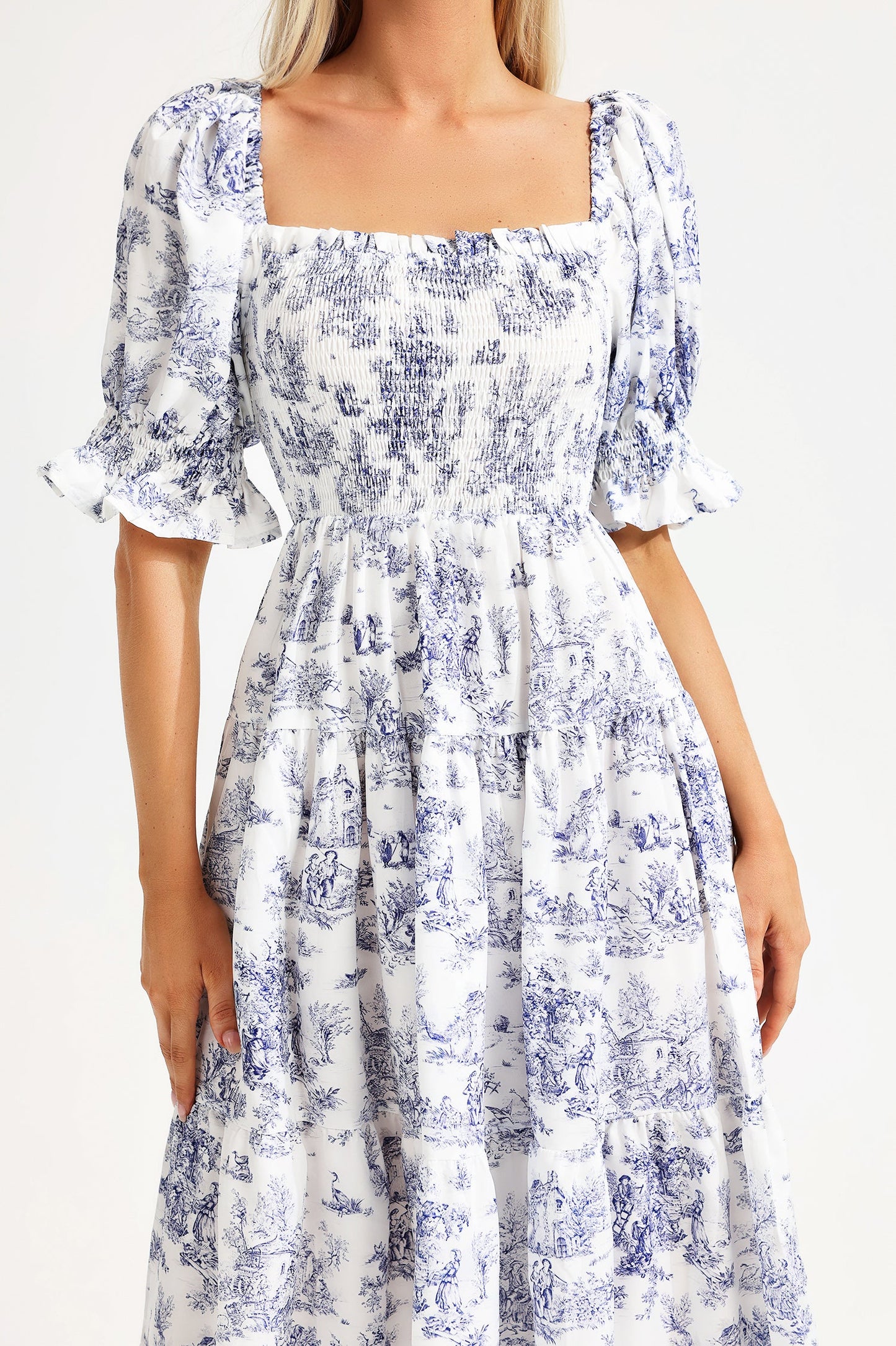 Printed Square Collar Bubble Sleeve Midi Dress