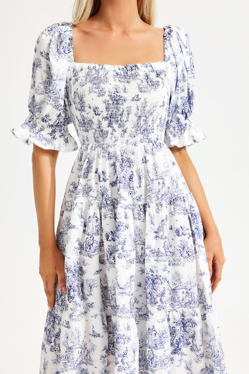 Printed Square Collar Bubble Sleeve Midi Dress