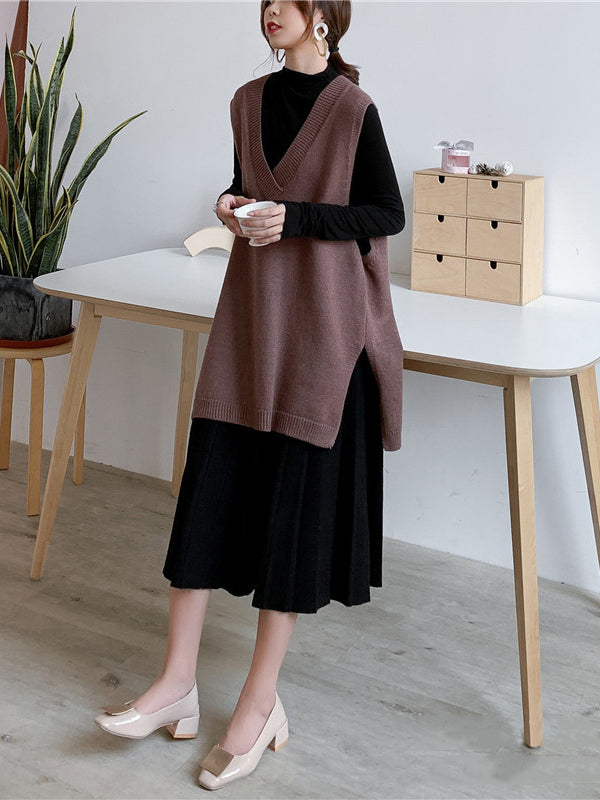 Sleeveless Split-side Color V-neck Knitted Vest