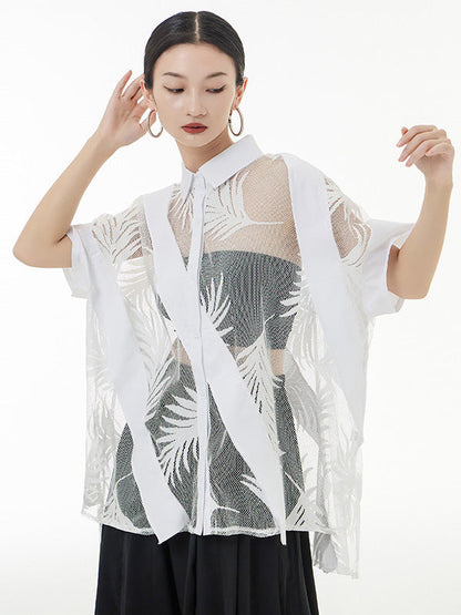 Stylish Loose Half Sleeves Buttoned Mesh Hollow See-through Blouses&shirts Tops