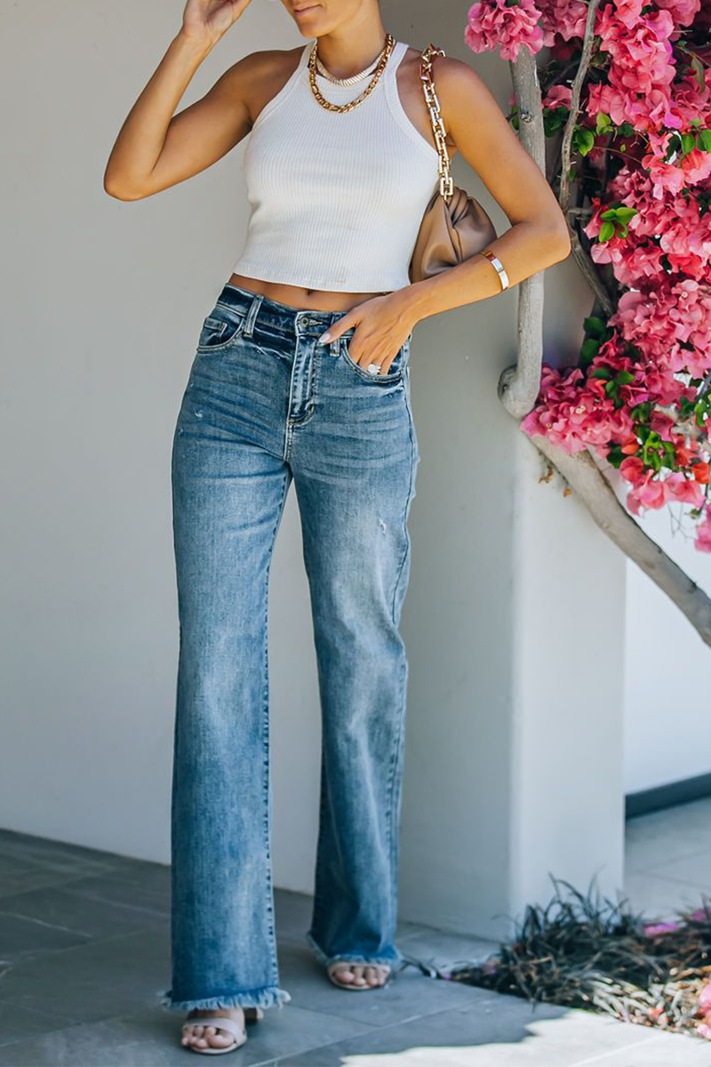 Street Patchwork High Waist Straight Denim Jeans