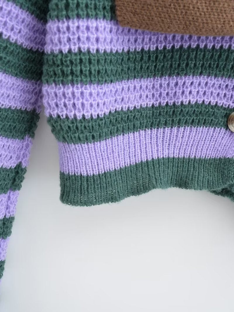 Stripe Contrast Color Lapels Knitted Cardigan – ’s Loose Short Top