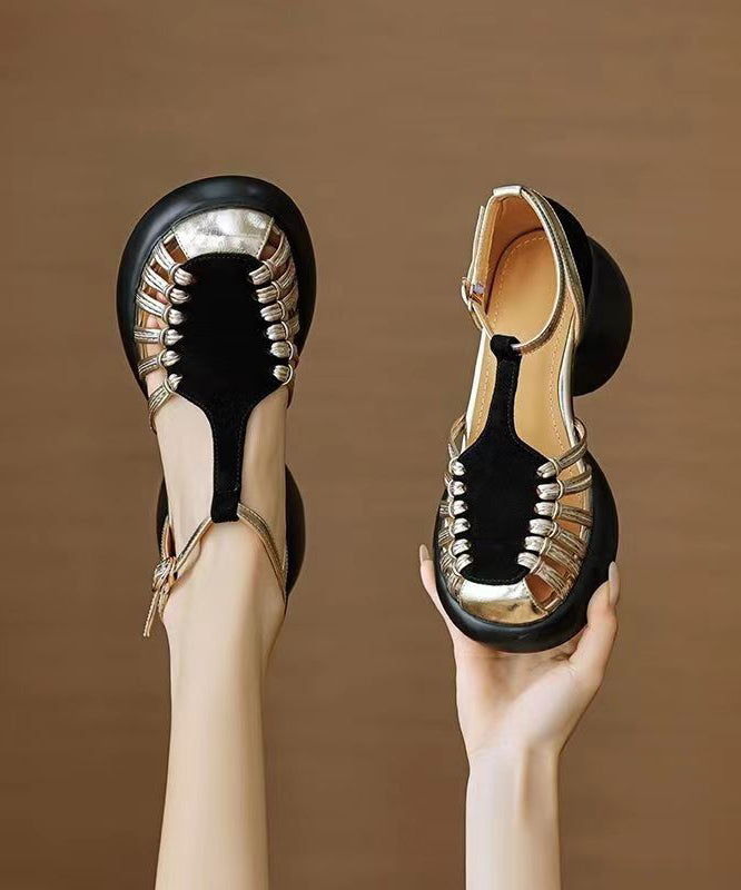 Black Chunky Suede Comfy Splicing Hollow Out Sandals Kj075
