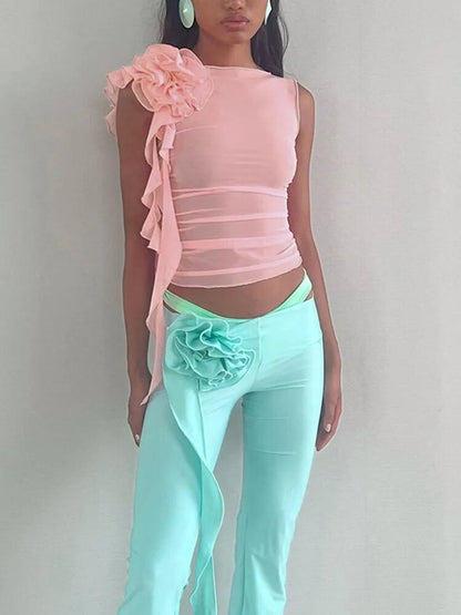 O Neck Flower Mesh Club Skinny Basic Y2k Crop Tops Summer T Shirt Outfits Tank Tops