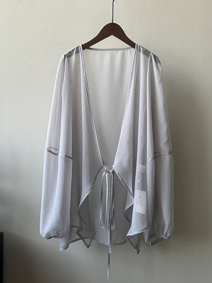 Bishop Sleeve Long Sleeves See-through Split-joint Tied Collarless Blouses&shirts Tops