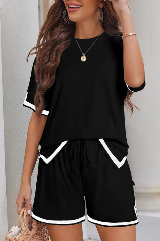 Black Color Block Tee and Shorts Set