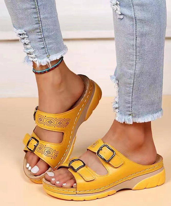 Splicing Wedge Yellow Slide Sandals Hollow Out Peep Toe Uu016
