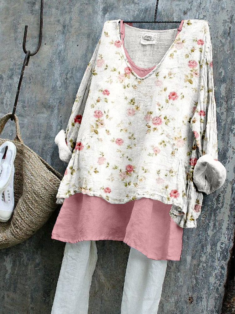 Vintage Cottagecore Floral Pattern Linen Blend Tunic artswardrobe