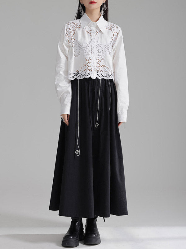Long Sleeves Loose Buttoned Hollow Color Lapel Blouses&shirts Tops