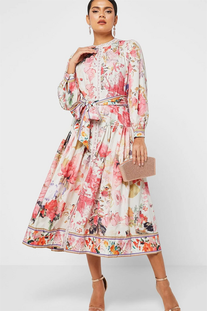 Long Sleeve Crew Collar Buttoned Lace Up Midi Dress