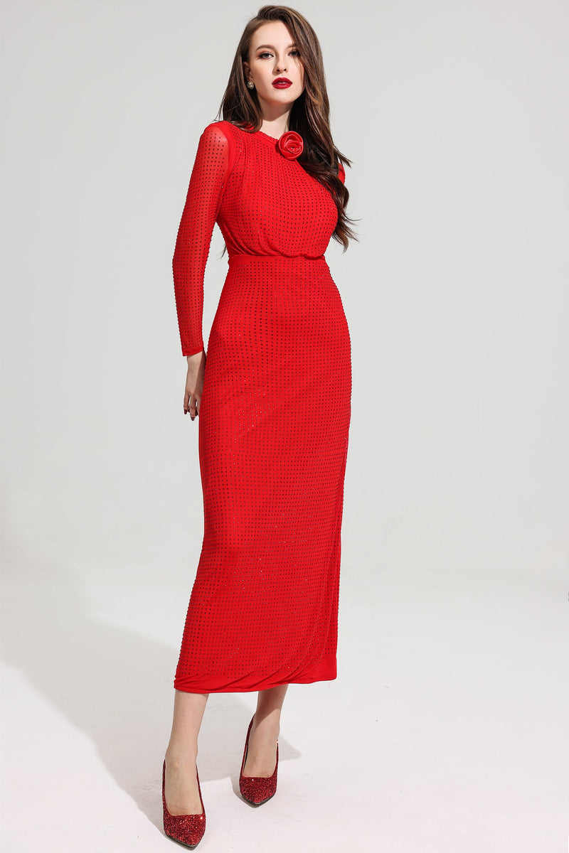Rhinestone Stand Collar Mermaid Maxi Dress Red