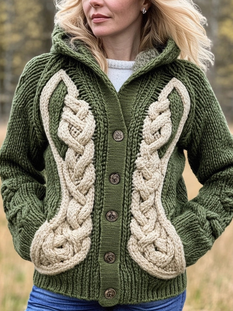 Classic Celtic Jacquard Contrast Color Cozy Hooded Cardigan elevenforest