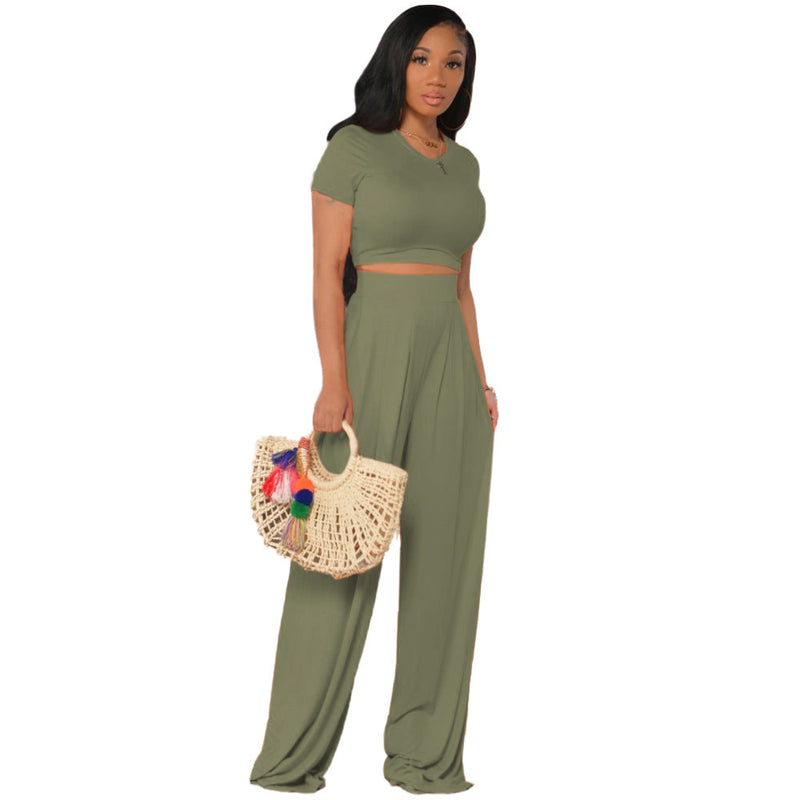 ’s Color Cropped Outfit Bell-bottom Pants Two-piece Suit – Set