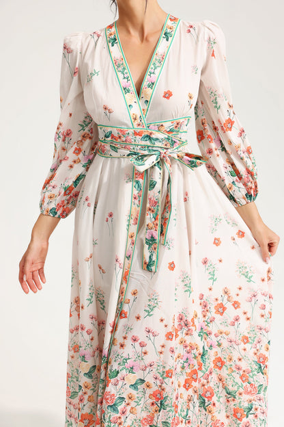 Long Sleeve V-neck Lace Up Midi Dress White