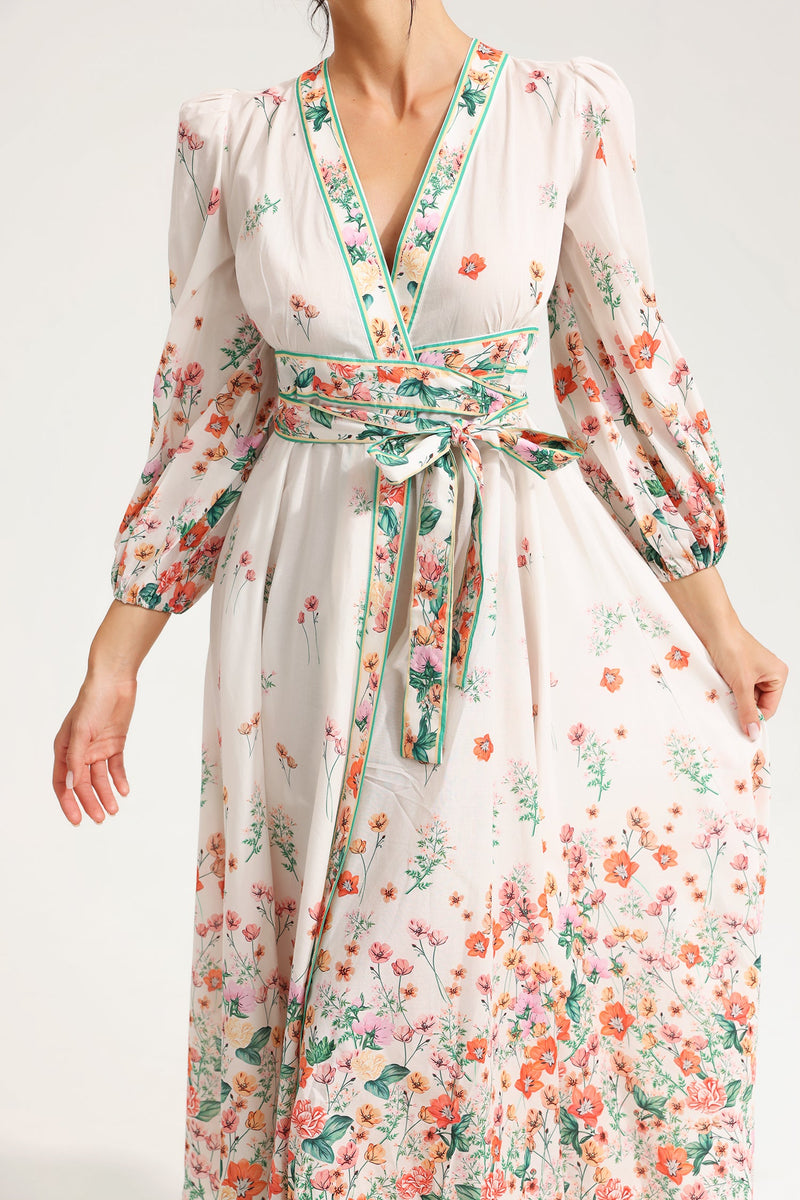 Long Sleeve V-neck Lace Up Midi Dress White