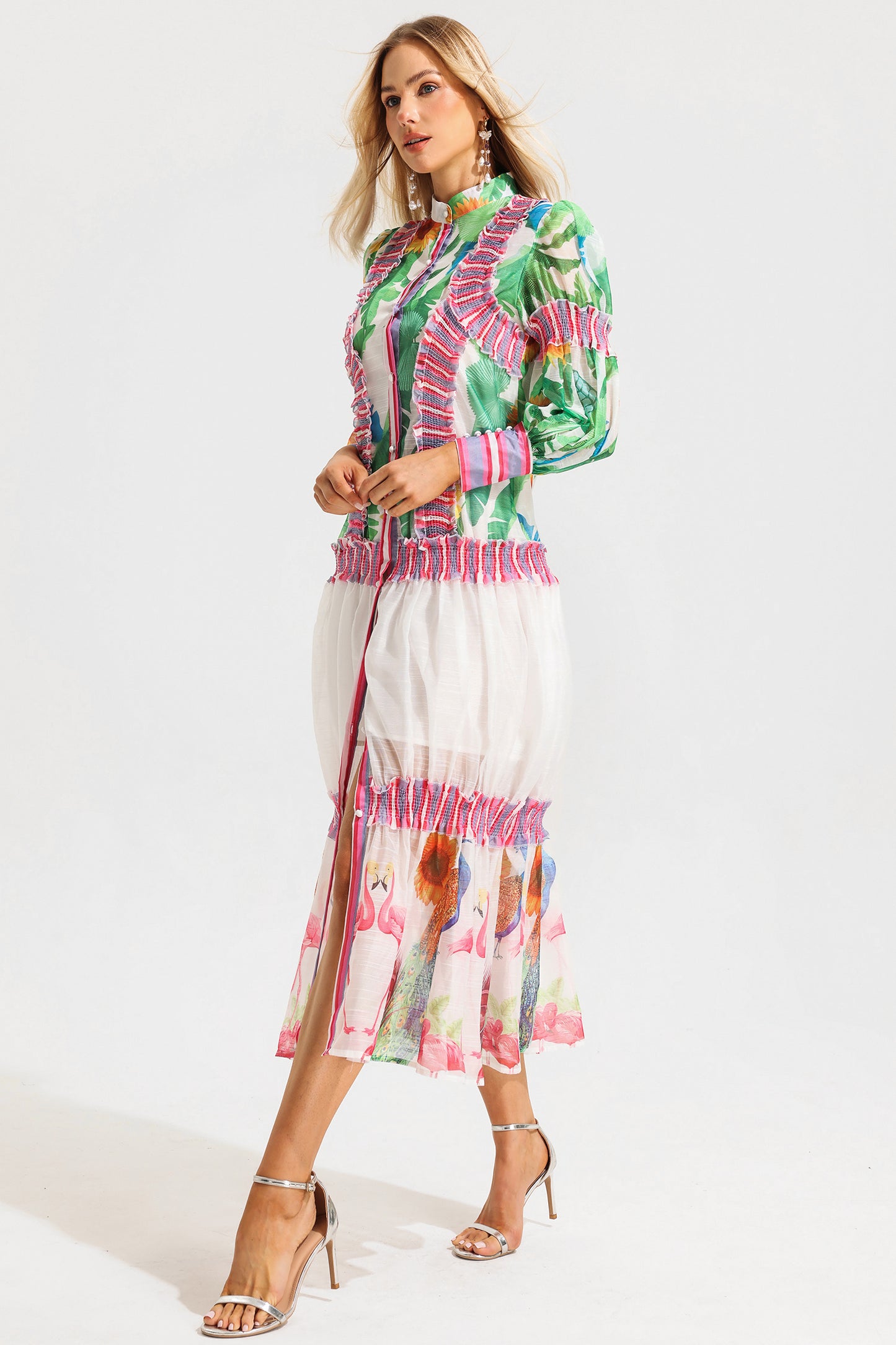 Lantern Sleeve Stand Collar Ruffle Maxi Dress