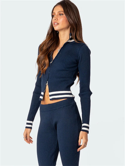 Tossy Knit Contrast 2 Piece-set for Ribbed Patchwork Long Sleeve Slim Cardigan Top and Trousers Outfits Knitwear
