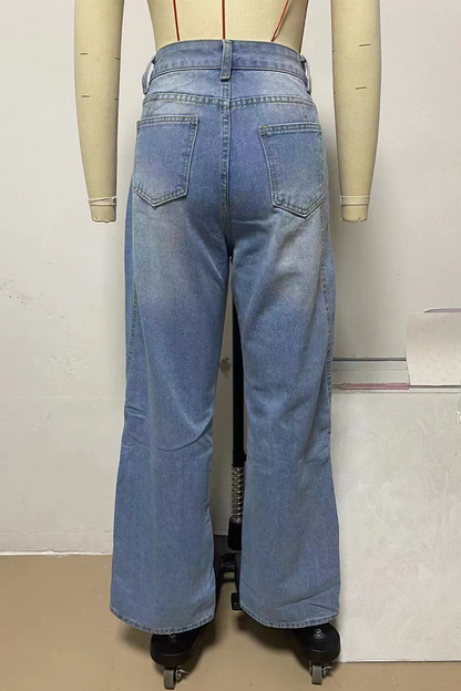 Street Buttons Patchwork Mid Waist Loose Denim Jeans