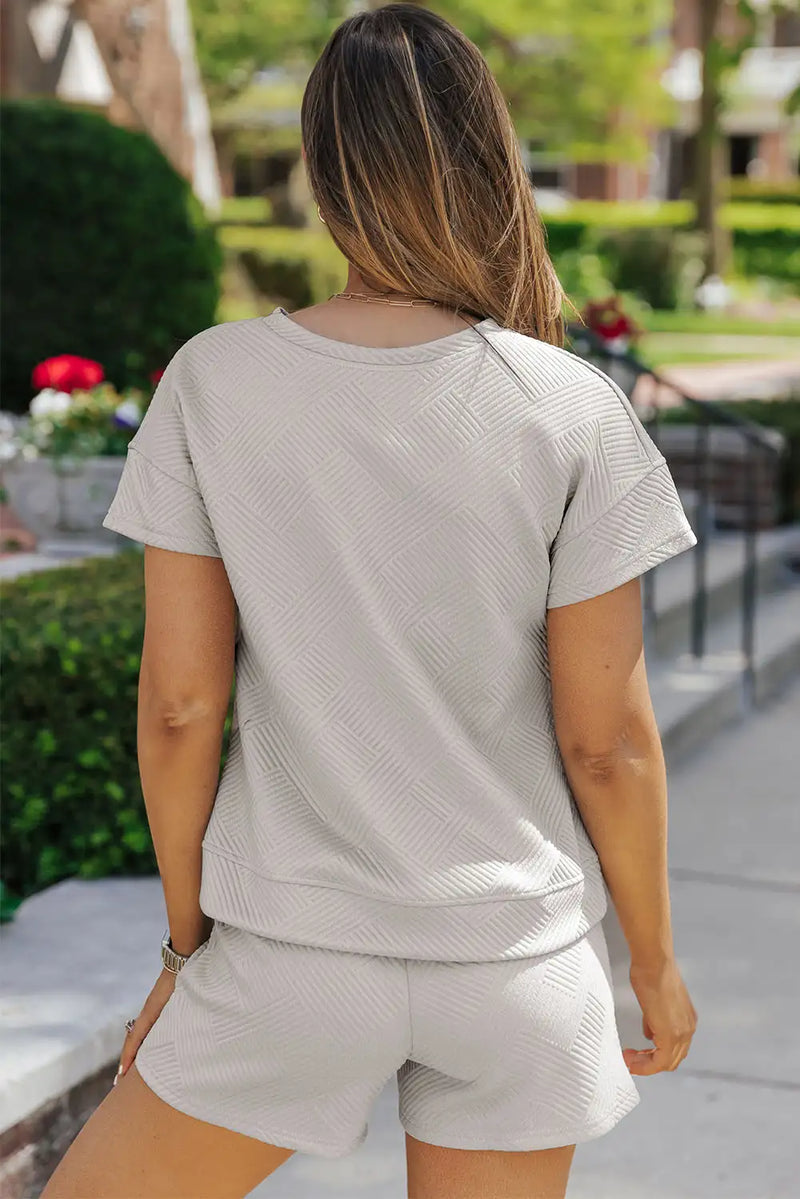 Cool Gray Textured Drawstring Shorts Set