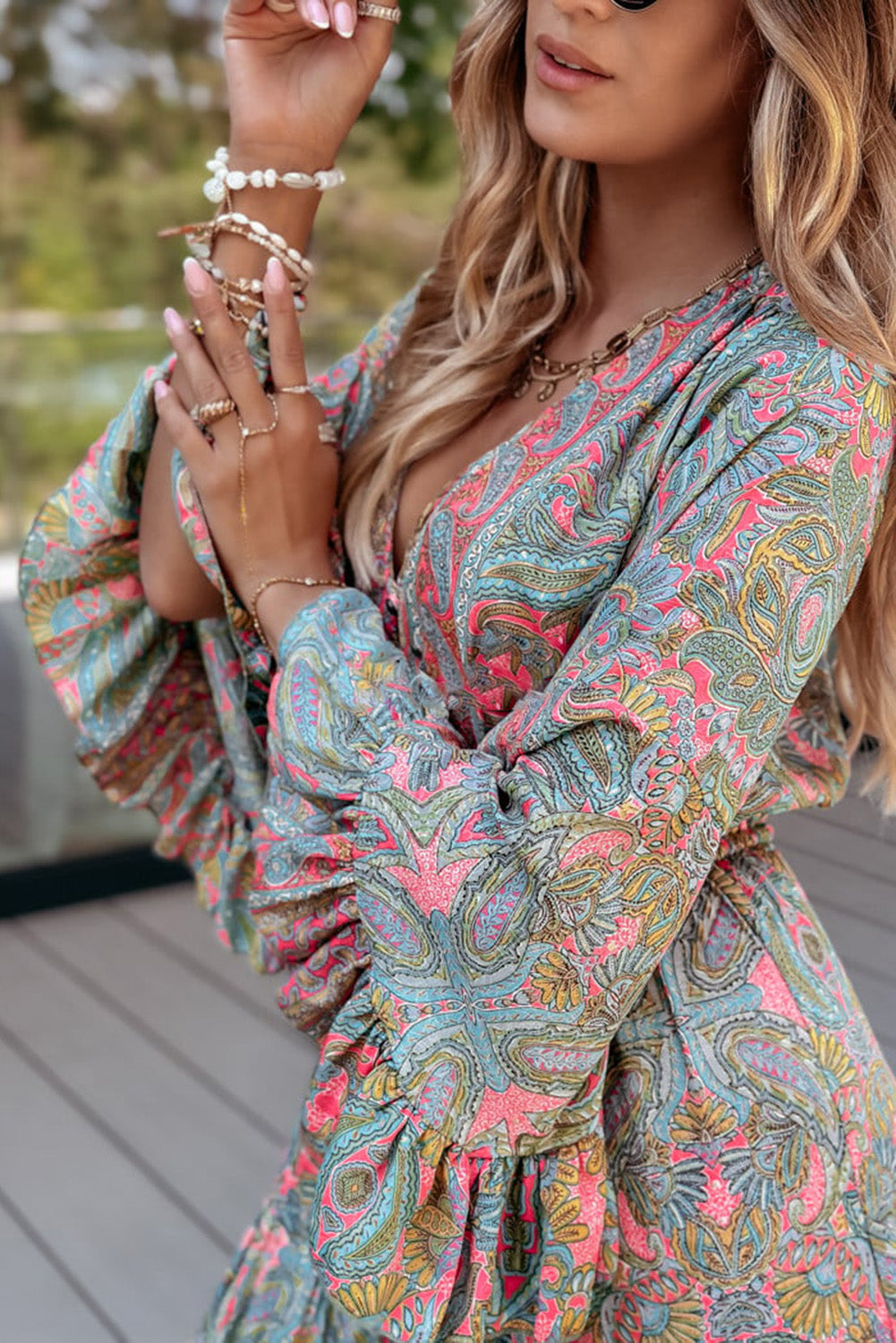 Green Paisley Printed Ruffle Trim Maxi Dress