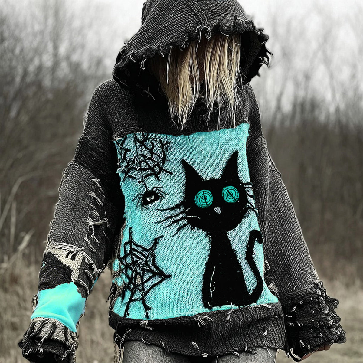 Halloween Scared Black Cat Patchwork Stitched Cozy Knit Hooded artswardrobe