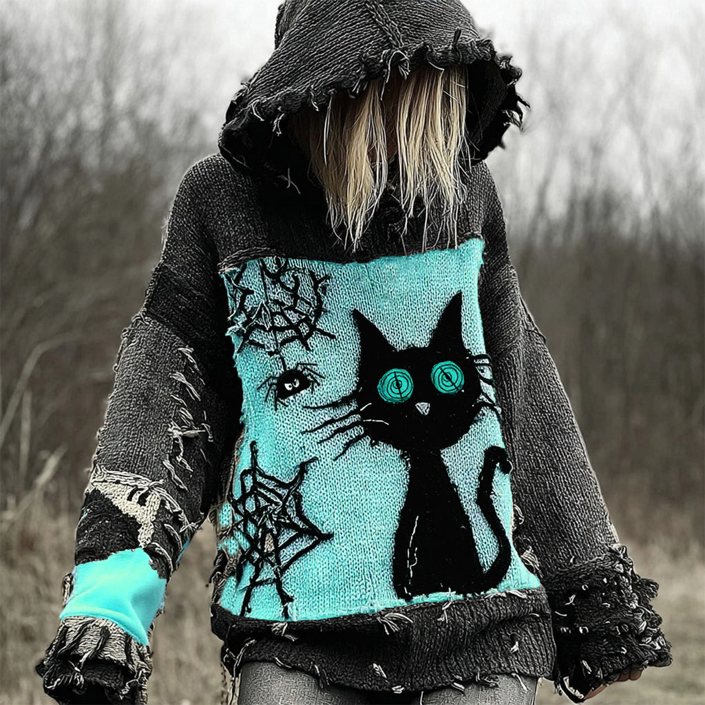 Halloween Scared Black Cat Patchwork Stitched Cozy Knit Hooded elevenforest