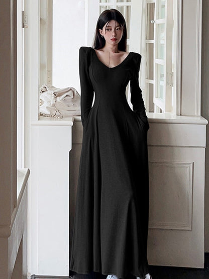 ‘s Maxi Dress Korean Long Sleeve V-neck Slim Fit A-line Autumn Spring Prom Robe Vestidos Mujer New