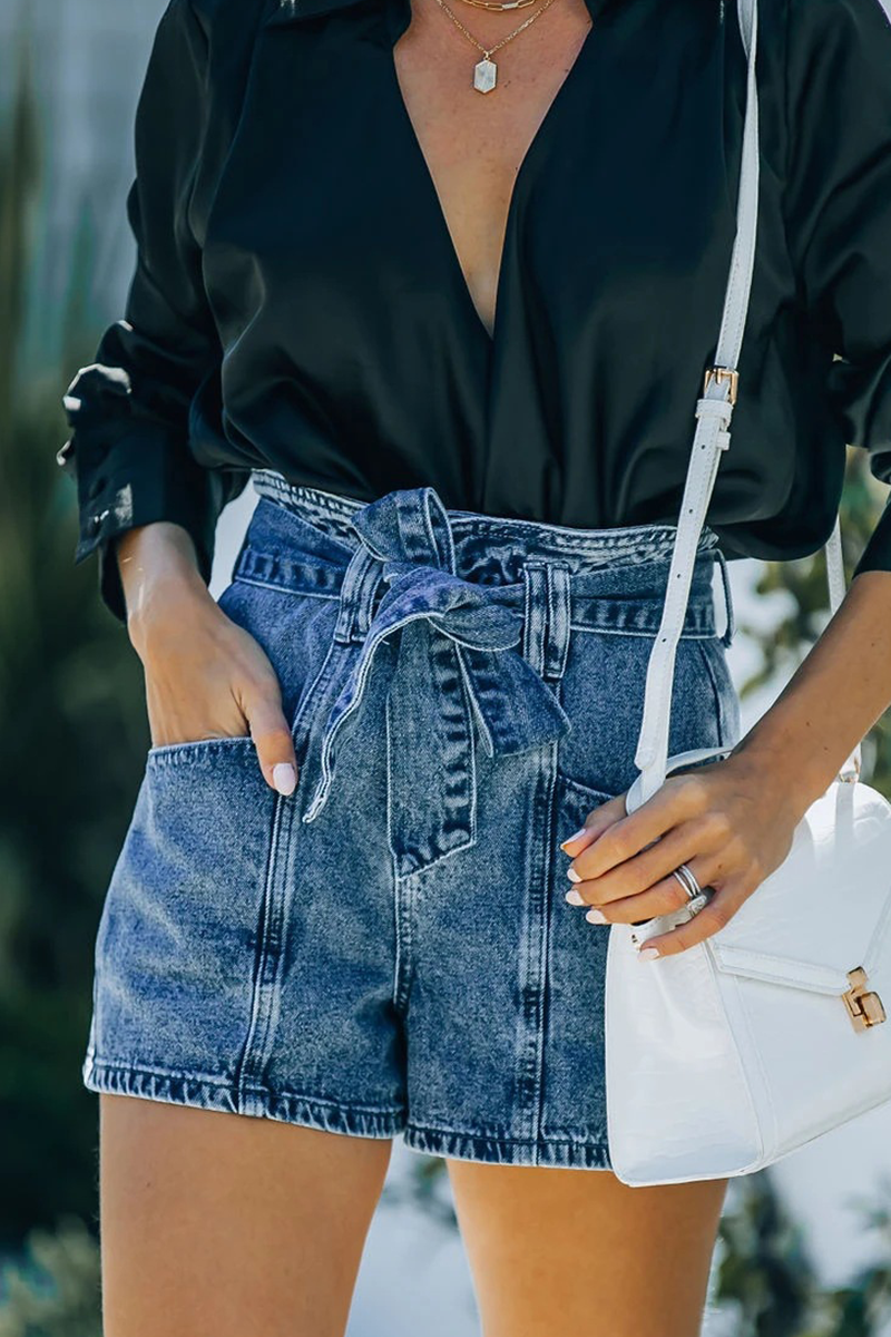 Pocket With Belt High Waist Denim Shorts