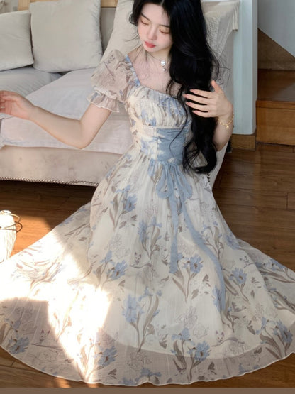 Y2k Midi Dress Kawaii Lolita Lace-up Square Collar High Waist Princess Evening Party Dresses Prom Robe Vestido New