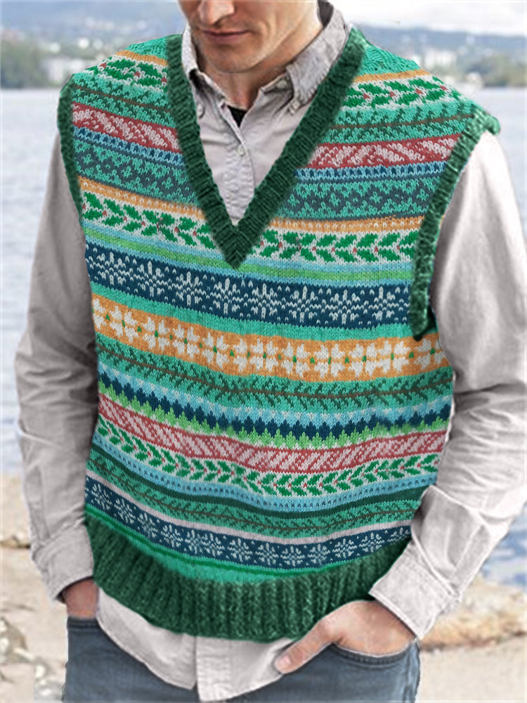 Men's Vintage Colorful Christmas Snowflake V Neck Isle Knit Vest elevenforest