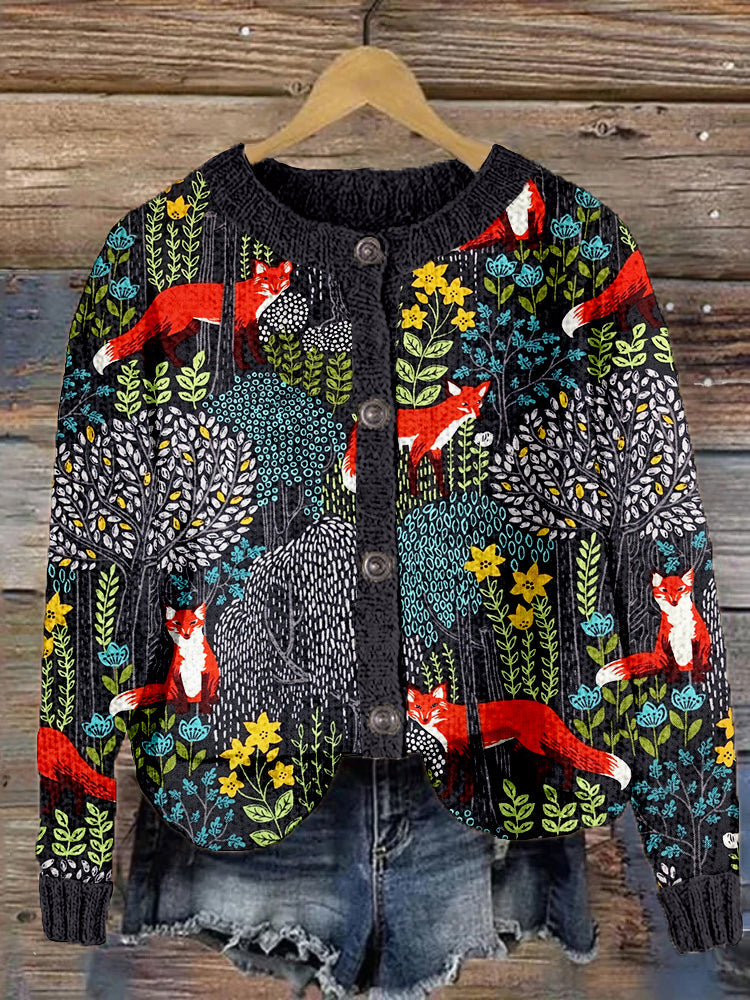 Fox in the Forest Pattern Vintage Cozy Knit Cardigan artswardrobe
