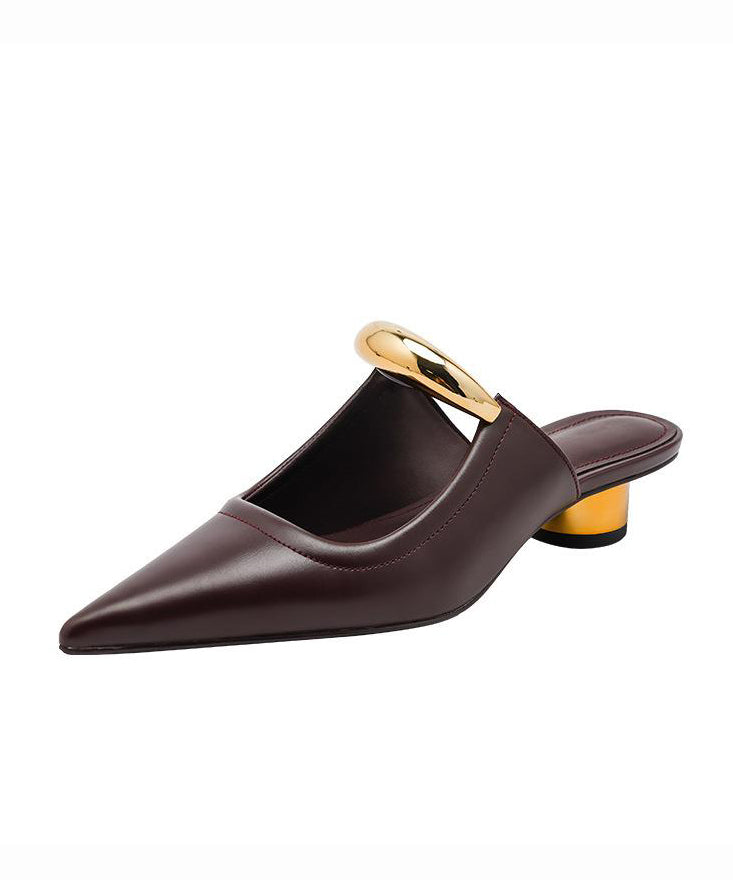 French Chocolate Faux Leather Splicing Slide Sandals Pointed Toe Ap1018
