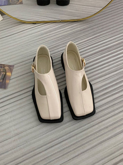 Buckle Hollow Split-joint Square-toe Flat Shoes Loafers