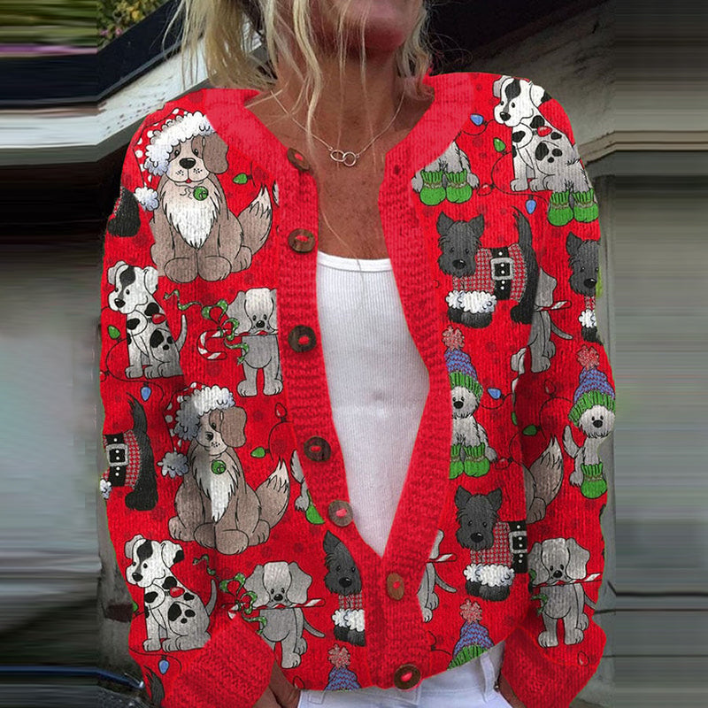 Comstylish Christmas Dog Print Long Sleeve Knitted Cardigan