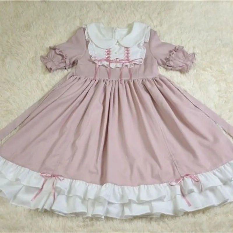 Japanese Kawaii Peter Pan Collar Lolita Dresses Patchwork Bowknot Ruffles Sweet Vestido Princess Party Femme Robe