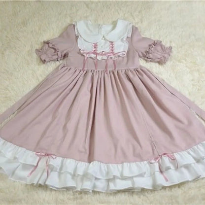 Japanese Kawaii Peter Pan Collar Lolita Dresses Patchwork Bowknot Ruffles Sweet Vestido Princess Party Femme Robe