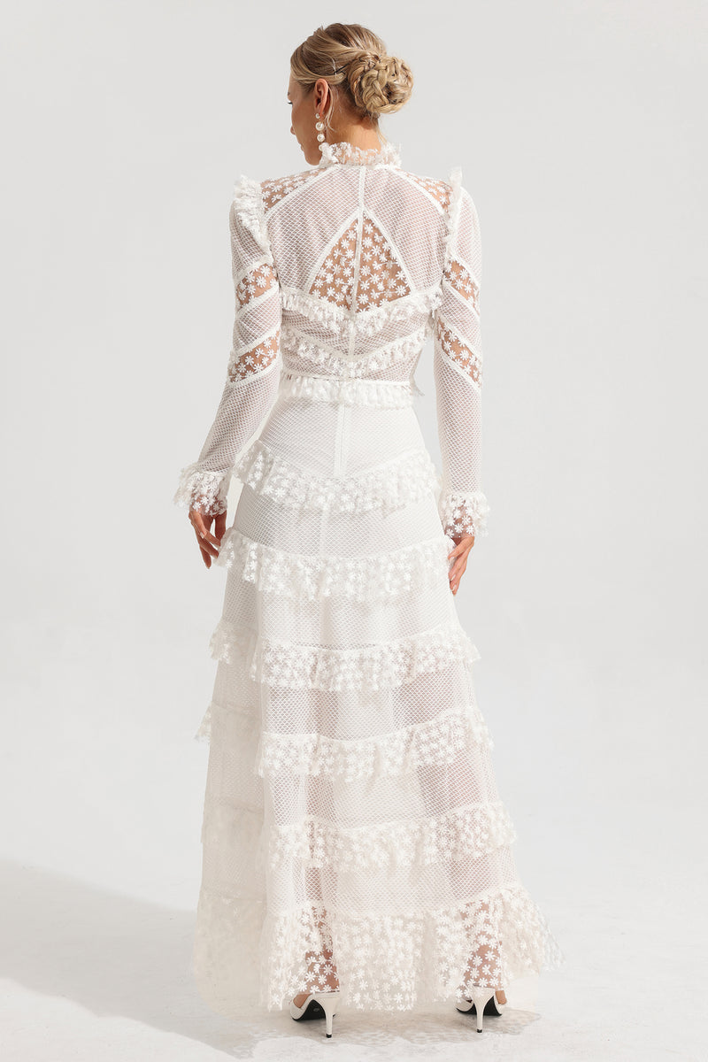 Embroidered Ball Sleeve Top ?embroidered Ruffle Mid Waist Maxi Skirt Set