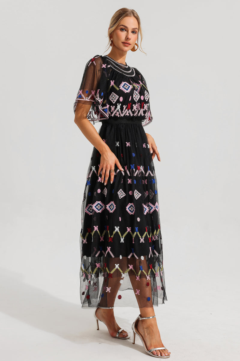 Mesh Embroidered Smocking Midi Dress