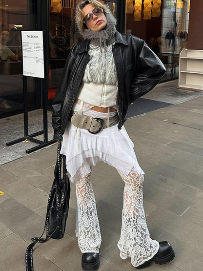 Taruxy See Through Lace Pants Summer Mesh Splice Culottes Pants Holiday Loose Femme Pantskirt