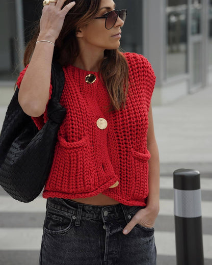 Large Buttons Color Knit Vest Cardigan