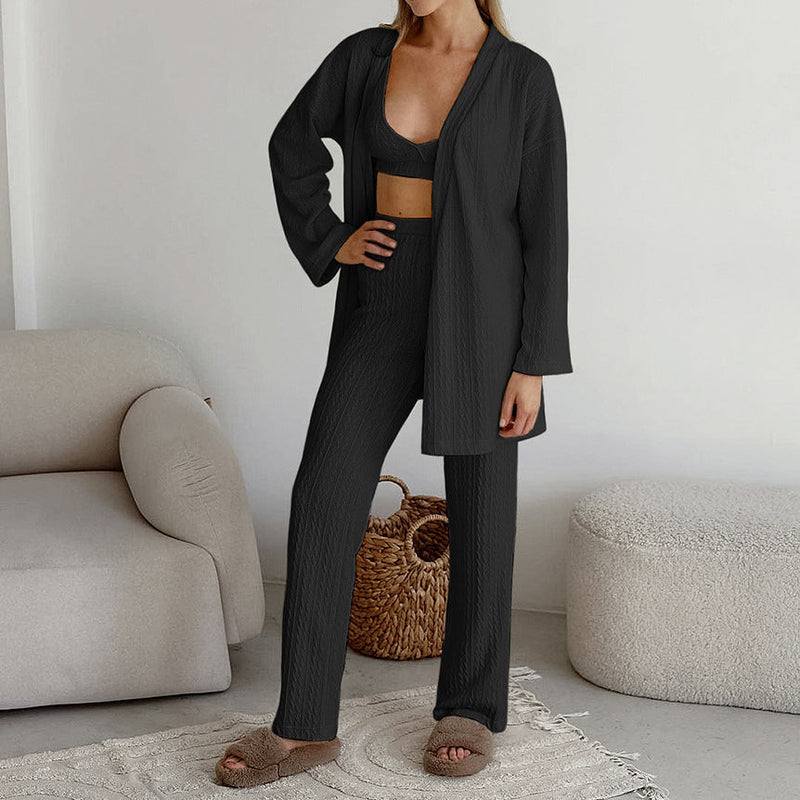Autumn Knitted Sling Vest Pajamas Three Piece Set Cardigan Long Sleeve Pants Homewear
