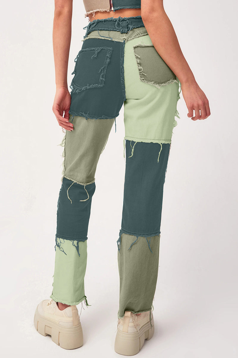 Color Block Patch Contrast Mid Waist Regular Denim Jeans(6 Colors)