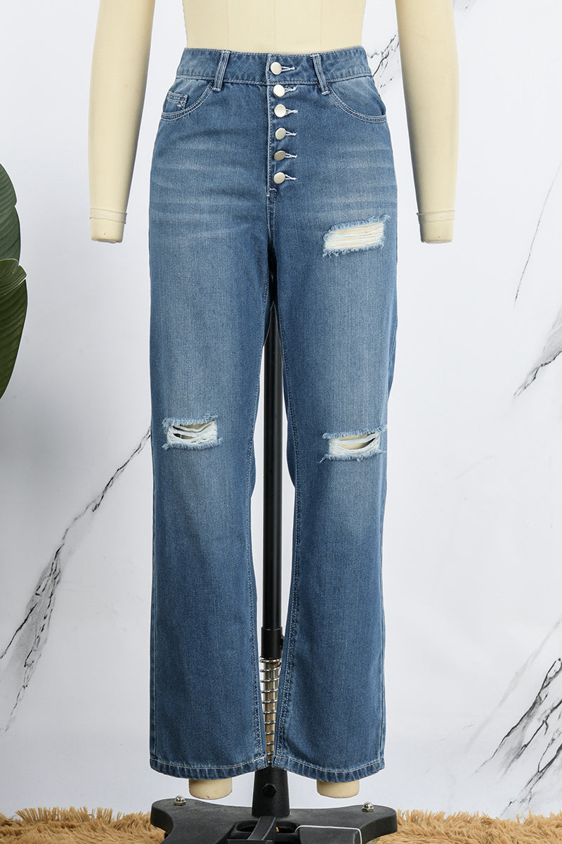 Street Ripped Buckle Low Waist Loose Denim Jeans(4 Colors)