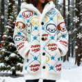 Comstylish Winter Cute Line Dog Art Women's Flannel Loungewear Coat