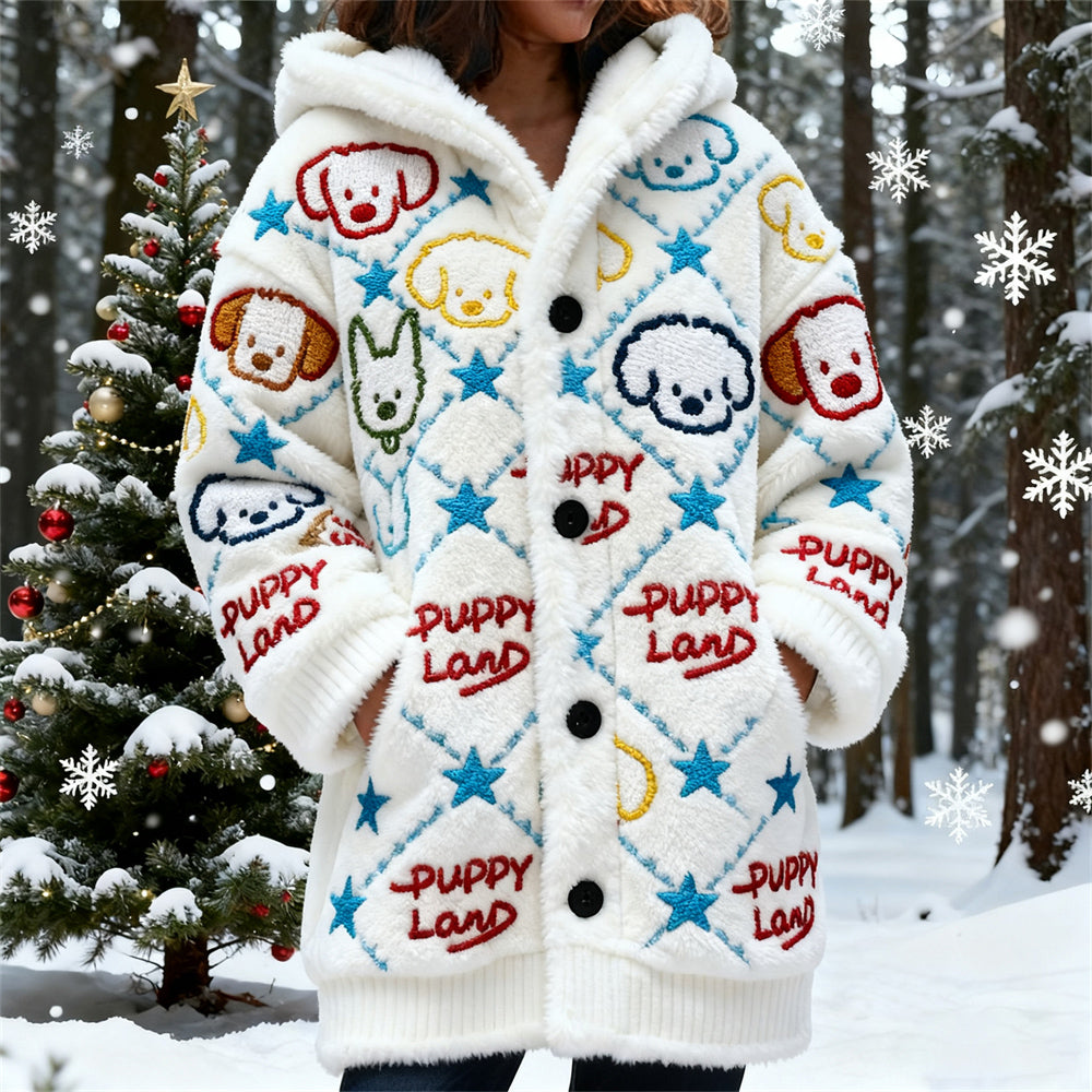 Comstylish Winter Cute Line Dog Art Women's Flannel Loungewear Coat