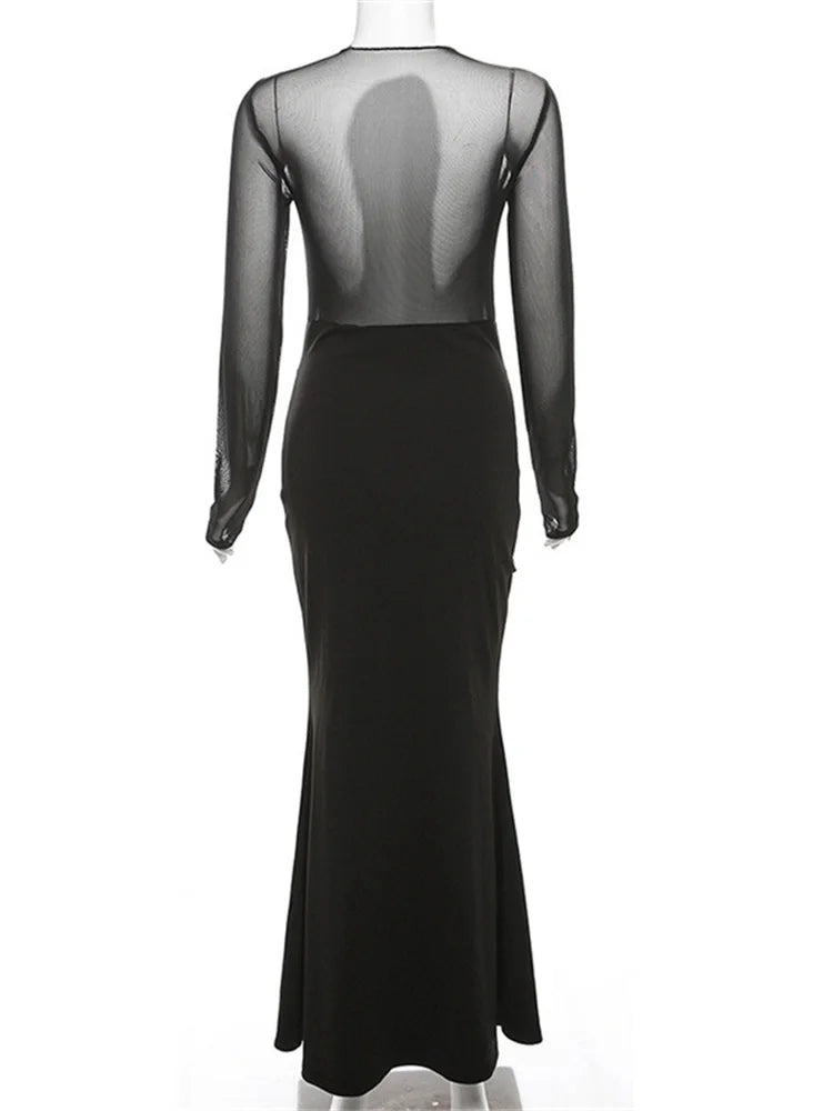 Tossy Black See-through Mesh Maxi Dress Female Patchwork Mesh Long Sleeve Slim Party Dress Gown ’s Long Dress