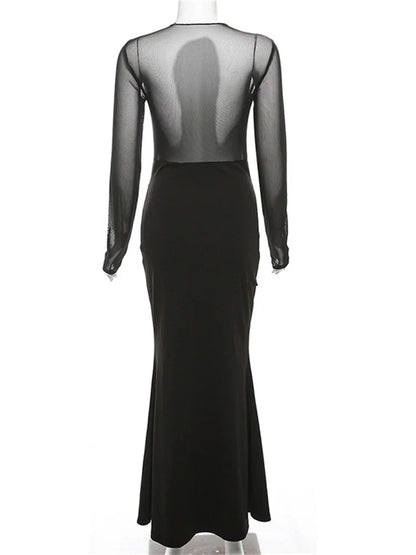 Tossy Black See-through Mesh Maxi Dress Female Patchwork Mesh Long Sleeve Slim Party Dress Gown ’s Long Dress